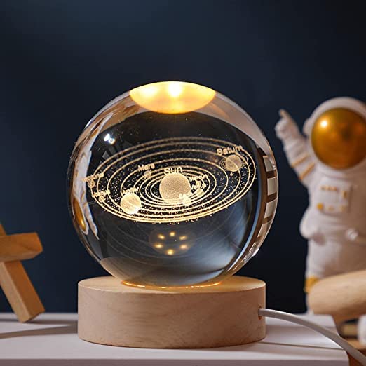 3D Galaxy Globe Crystal Glass Art, Wooden Base, LED Display Stand, Cute USB Stand for Home, Office Decor