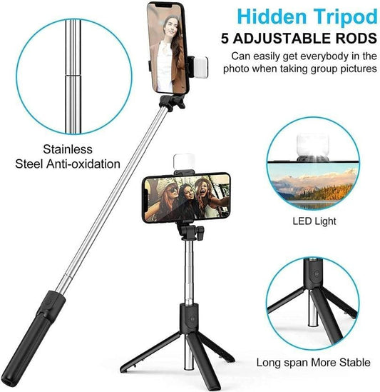 R1-S Wireless selfie stick tripod with Bluetooth Remote & Flashlight for Mobile Phone, Home indoor and outdoor travel use, 3-in-1 selfie stick tripod for all smartphones