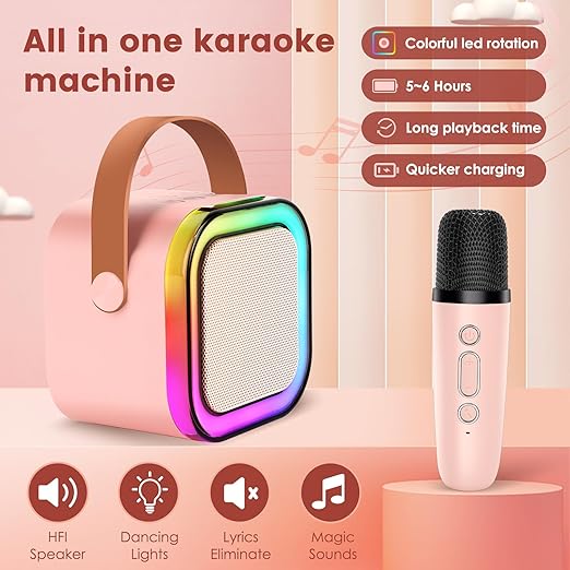 K12 Kids' Karaoke Machine/Singing Machine; Portable Bluetooth Speaker with Wireless Mics and Colorful Lights