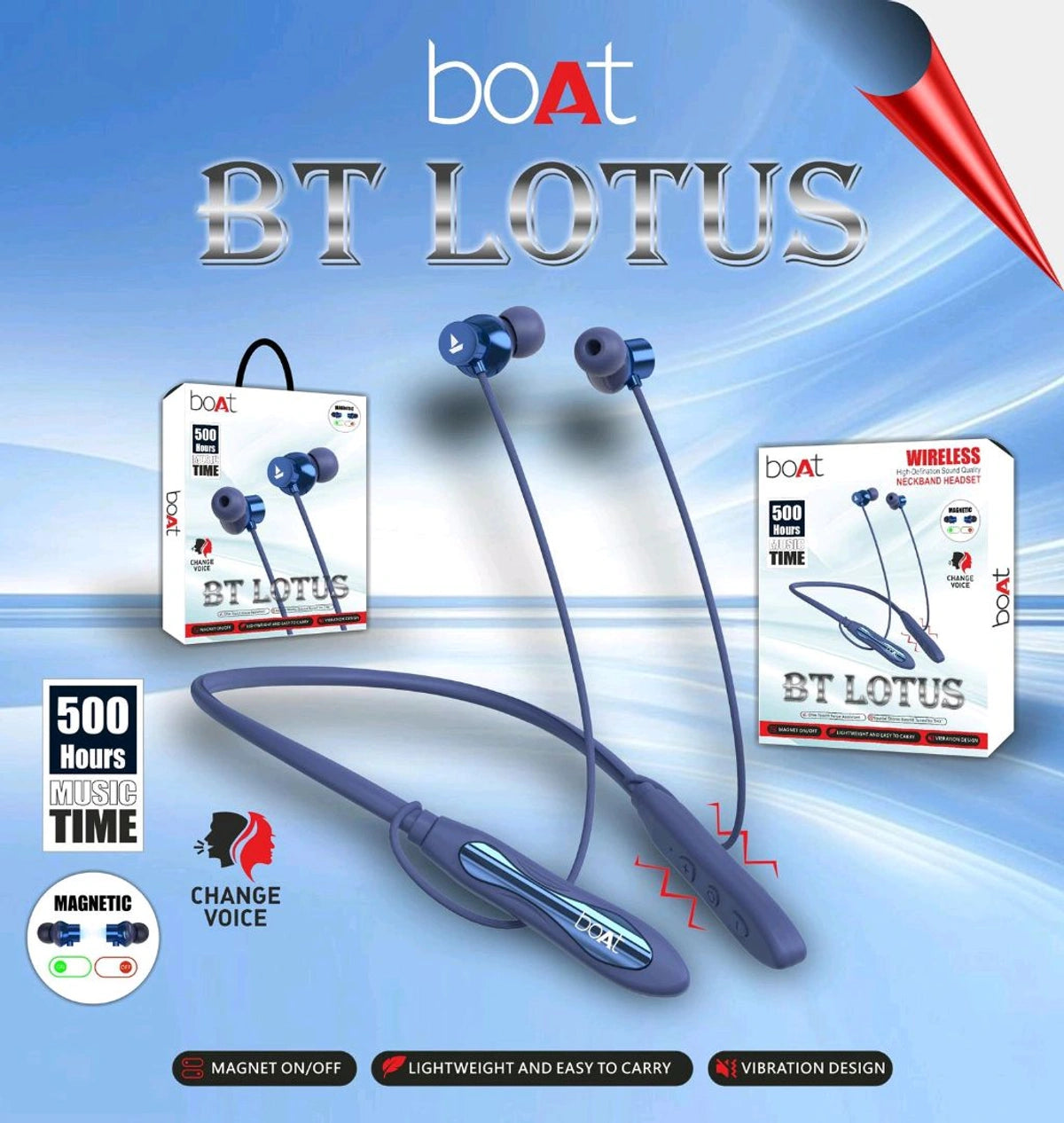 BT LOTUS Wireless Neckband, 500h Music Time, Type-C Charging, Voice Changer, Magnetic On/Off Function