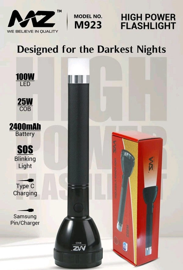 MZ M923 High Power Flashlight with 2400mAh battery, 100watt LED with 25watt COB lights, Type-C Charging, SOS Blinking Light