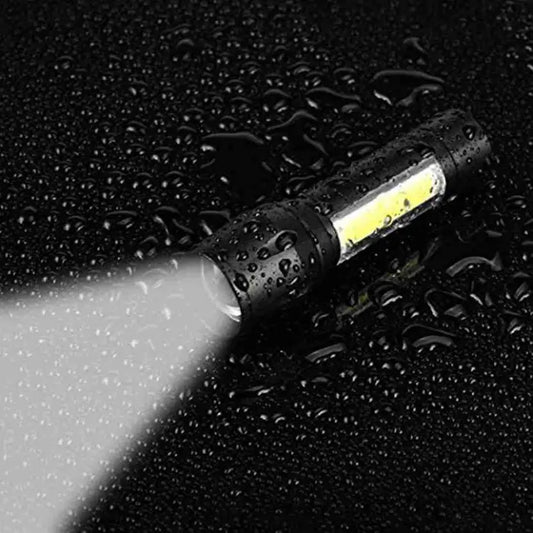 Zoomable XPE + COB LED Flashlight, Super Bright LED Torch, Waterproof Flashlight,4 Light Modes For Camping Hiking and Emergency Use Torch, Rechargeable battery for 6 hrs runtime, Torch Emergency Light