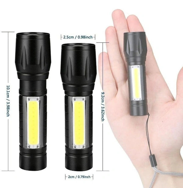 Zoomable XPE + COB LED Flashlight, Super Bright LED Torch, Waterproof Flashlight,4 Light Modes For Camping Hiking and Emergency Use Torch, Rechargeable battery for 6 hrs runtime, Torch Emergency Light