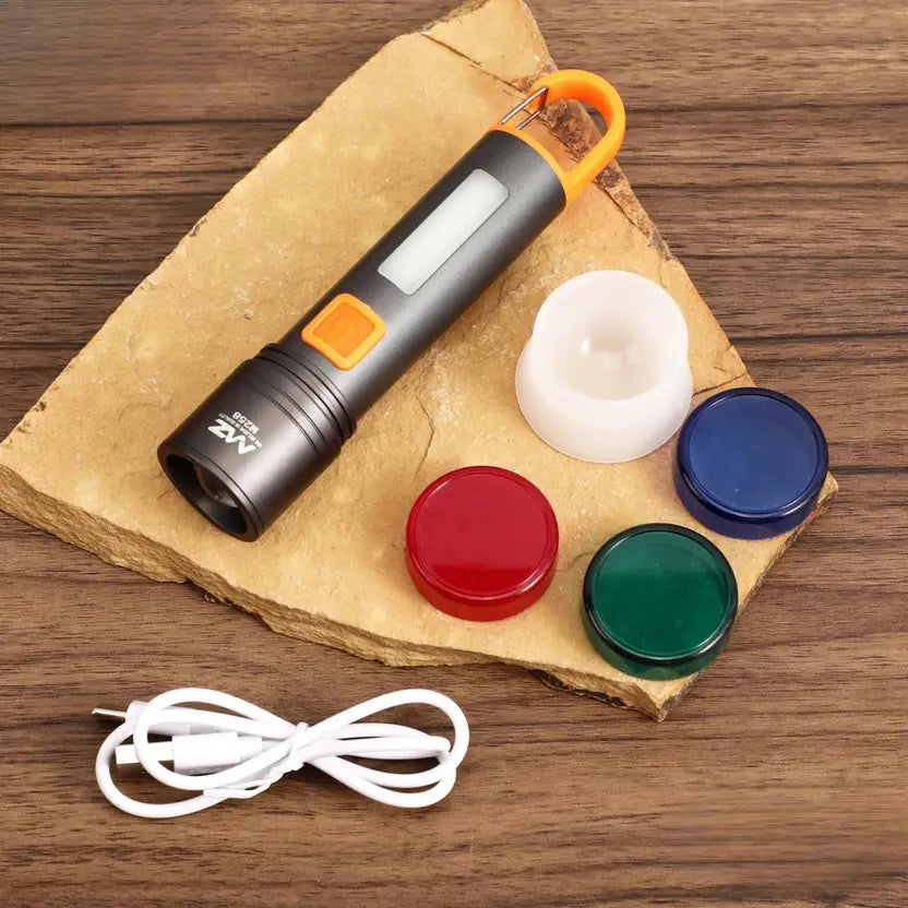 MZ M985 Metal Flashlight with hook design, 120 mins runtime, 80watt DSM, Type-C Charging, Telescopic Zoom