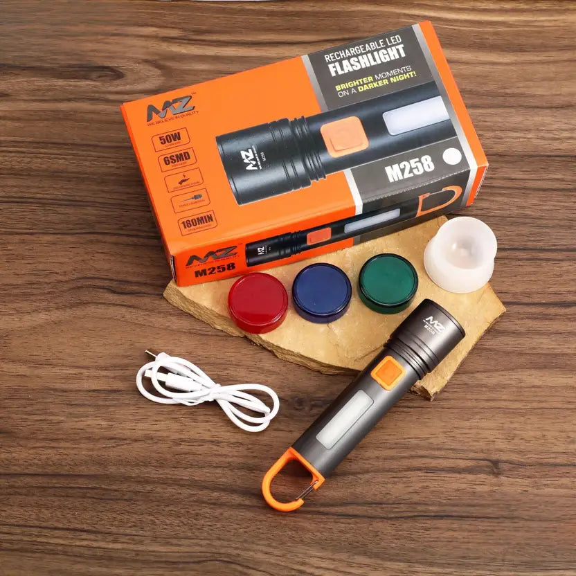 MZ M985 Metal Flashlight with hook design, 120 mins runtime, 80watt DSM, Type-C Charging, Telescopic Zoom