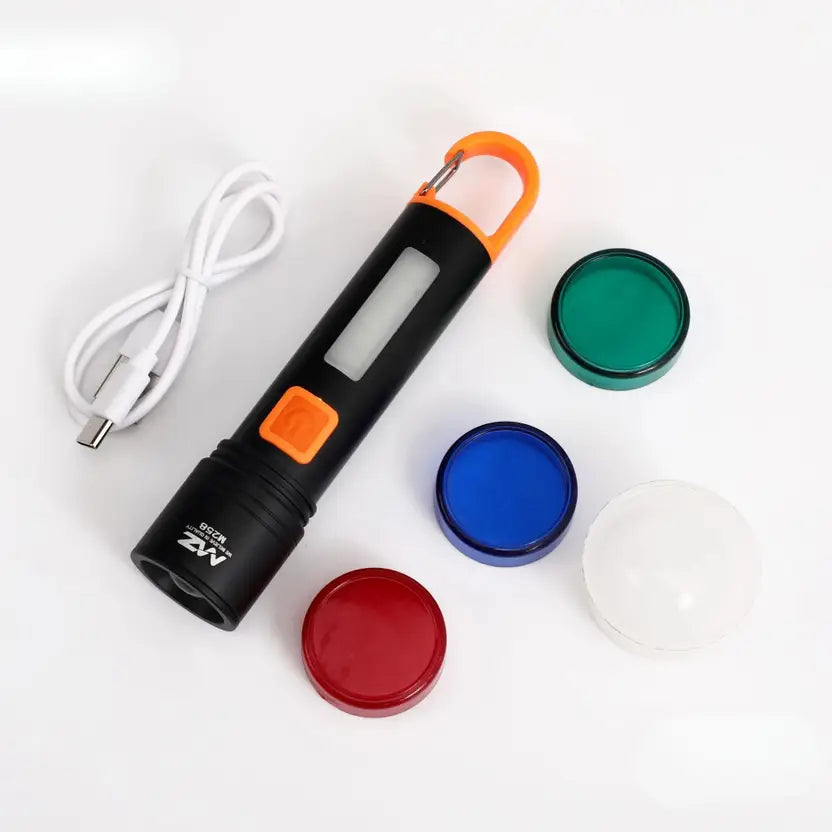 MZ M985 Metal Flashlight with hook design, 120 mins runtime, 80watt DSM, Type-C Charging, Telescopic Zoom