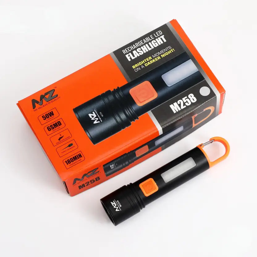 MZ M985 Metal Flashlight with hook design, 120 mins runtime, 80watt DSM, Type-C Charging, Telescopic Zoom