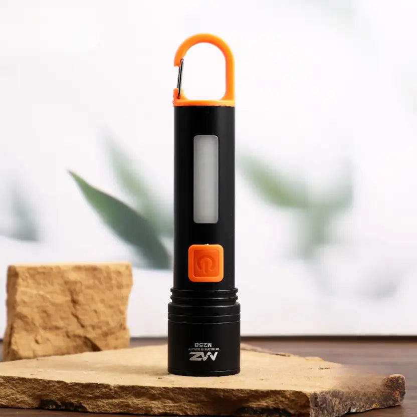 MZ M985 Metal Flashlight with hook design, 120 mins runtime, 80watt DSM, Type-C Charging, Telescopic Zoom