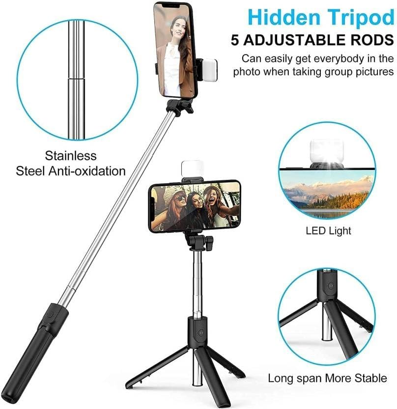 R1-S Wireless selfie stick tripod with Bluetooth Remote & Flashlight for Mobile Phone, Home indoor and outdoor travel use, 3-in-1 selfie stick tripod for all smartphones