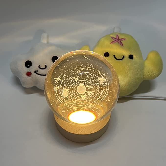 3D Galaxy Globe Crystal Glass Art, Wooden Base, LED Display Stand, Cute USB Stand for Home, Office Decor