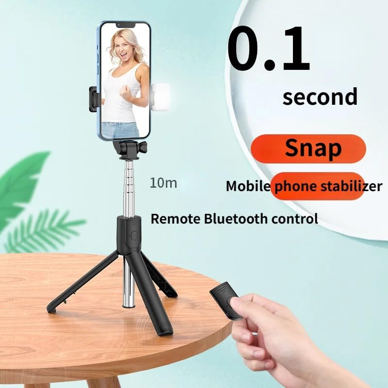 R1-S Wireless selfie stick tripod with Bluetooth Remote & Flashlight for Mobile Phone, Home indoor and outdoor travel use, 3-in-1 selfie stick tripod for all smartphones