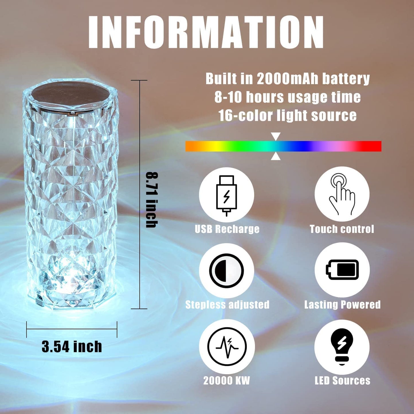 Crystal Touch Sensor Rose Diamond Table Lamp, Rechargeable RGB Light Changing Mode Table Lamp, LED Night Light – Remote & Touch Control Desk Lamp for Decoration, Photography, Bedroom Gift Romantic Visuals