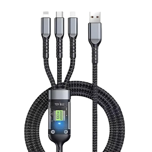 100W 3 in 1 charging cable for Type-C, Micro-USB, Lightning, Fast Charging Cable Data Transfer Ideal for SmartPhone, Tablet, Laptop or Any Compatible Devices