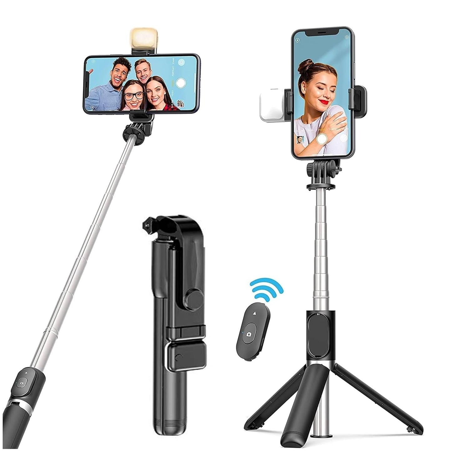 R1-S Wireless selfie stick tripod with Bluetooth Remote & Flashlight for Mobile Phone, Home indoor and outdoor travel use, 3-in-1 selfie stick tripod for all smartphones