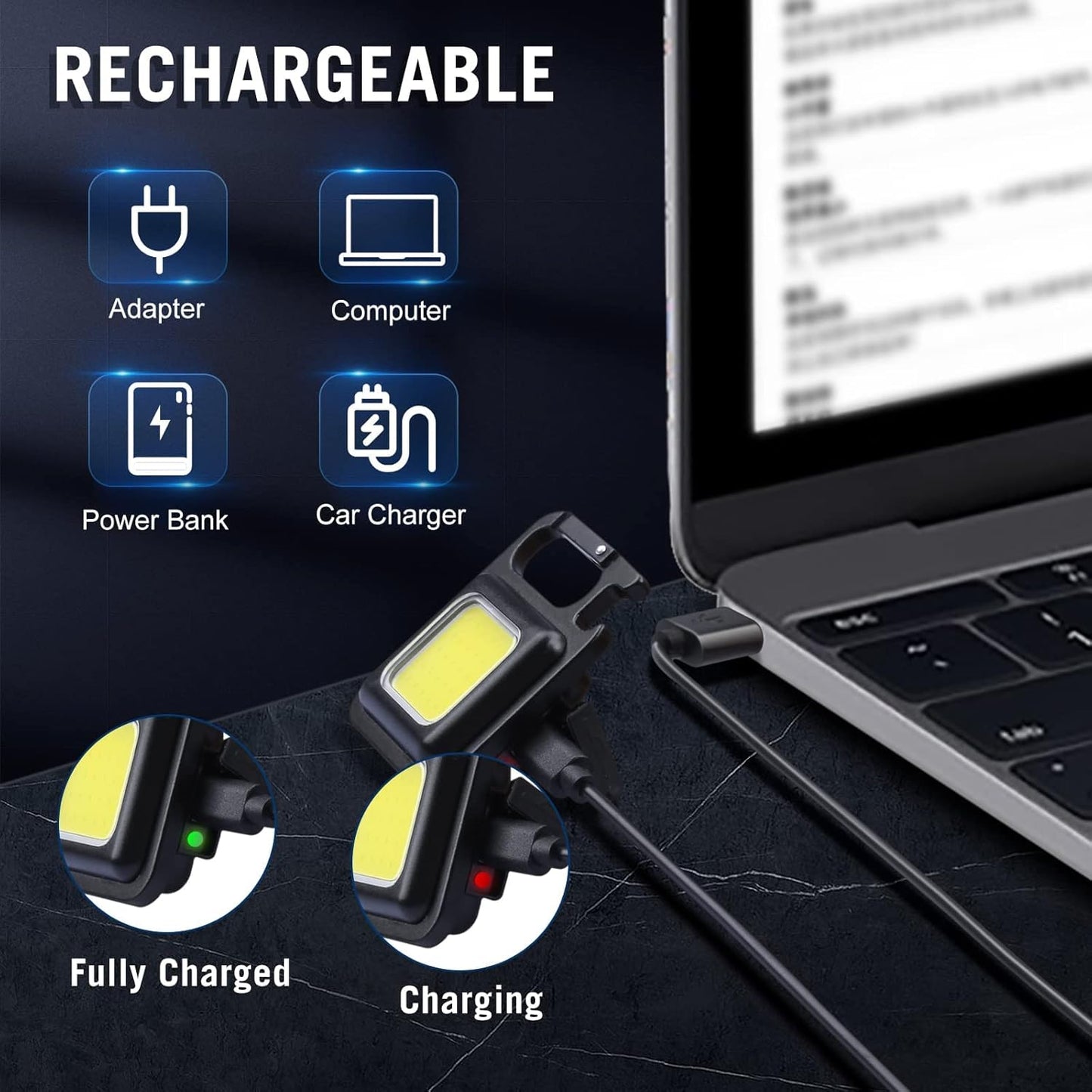 COB Rechargeable LED Keychain Light - COB Flashlights with 800 Lumens Bright and 4 Modes & Waterproof Emergency Lights for Walk, Fishing and Camping, etc.(USB Charging Cable Included)