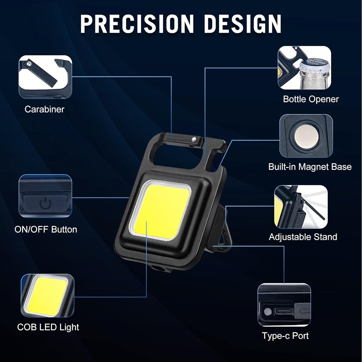 COB Rechargeable LED Keychain Light - COB Flashlights with 800 Lumens Bright and 4 Modes & Waterproof Emergency Lights for Walk, Fishing and Camping, etc.(USB Charging Cable Included)