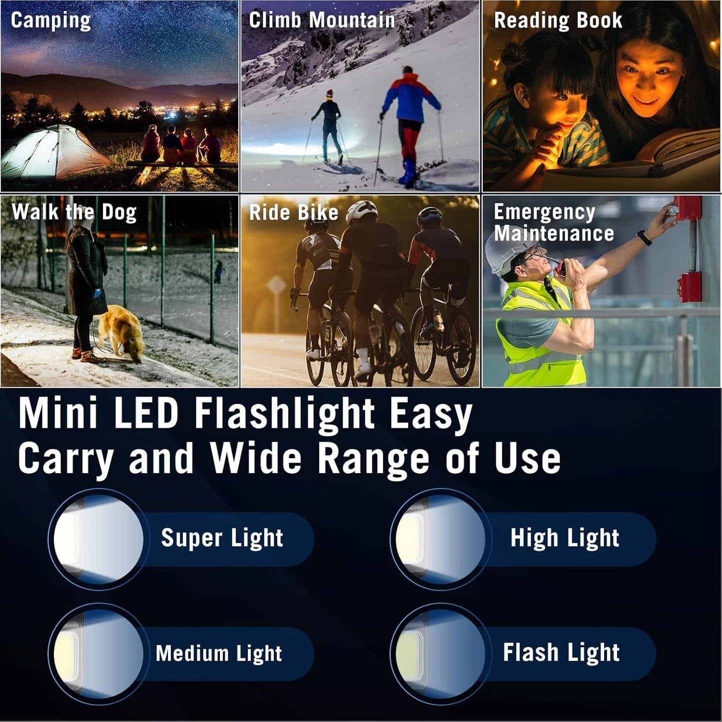 COB Rechargeable LED Keychain Light - COB Flashlights with 800 Lumens Bright and 4 Modes & Waterproof Emergency Lights for Walk, Fishing and Camping, etc.(USB Charging Cable Included)