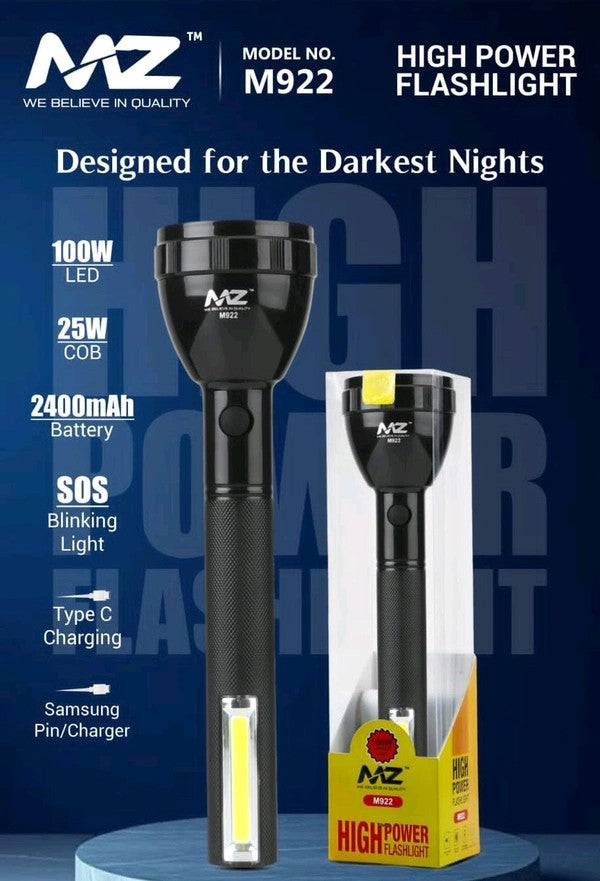 MZ M922 High Power Flashlight with 2400mAh battery, 100watt LED with 25watt COB lights, Type-C Charging, SOS Blinking Light