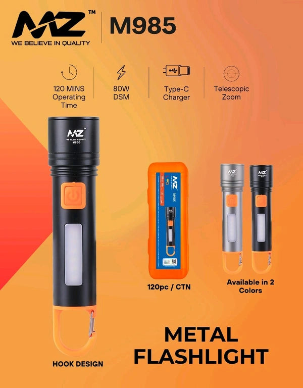 MZ M985 Metal Flashlight with hook design, 120 mins runtime, 80watt DSM, Type-C Charging, Telescopic Zoom